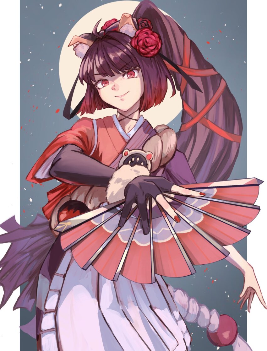 1girl ahoge animal_ear_fluff black_hair cowboy_shot fate/grand_order fate_(series) flower gloves gradient_hair hair_flower hair_ornament hand_fan highres holding holding_fan japanese_clothes kimono kyokutei_bakin_(fate) kyokutei_bakin_(first_ascension)_(fate) moon multicolored_hair one_side_up outside_border paper_fan partially_fingerless_gloves pillarboxed red_eyes red_nails solo tsubu_(kappunioyu562) two-tone_kimono x_hair_ornament