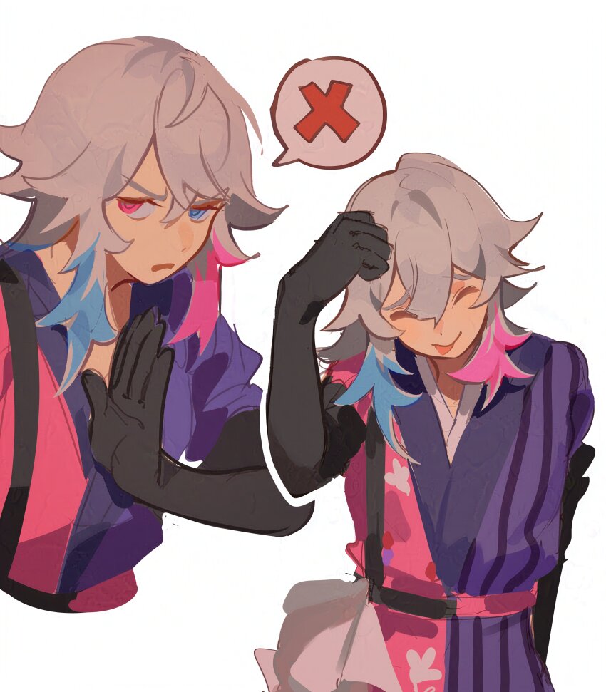 1boy absurdres bishounen black_gloves blue_eyes blue_hair closed_eyes coat commentary english_commentary gavis_bettel gavis_bettel_(1st_costume) gloves grey_hair hair_between_eyes heterochromia highres holostars holostars_english looking_at_viewer male_focus mararu medium_hair multicolored_coat multicolored_hair open_mouth pink_eyes pink_hair sketch smile spoken_x striped_coat tongue tongue_out upper_body vertical-striped_coat virtual_youtuber white_background
