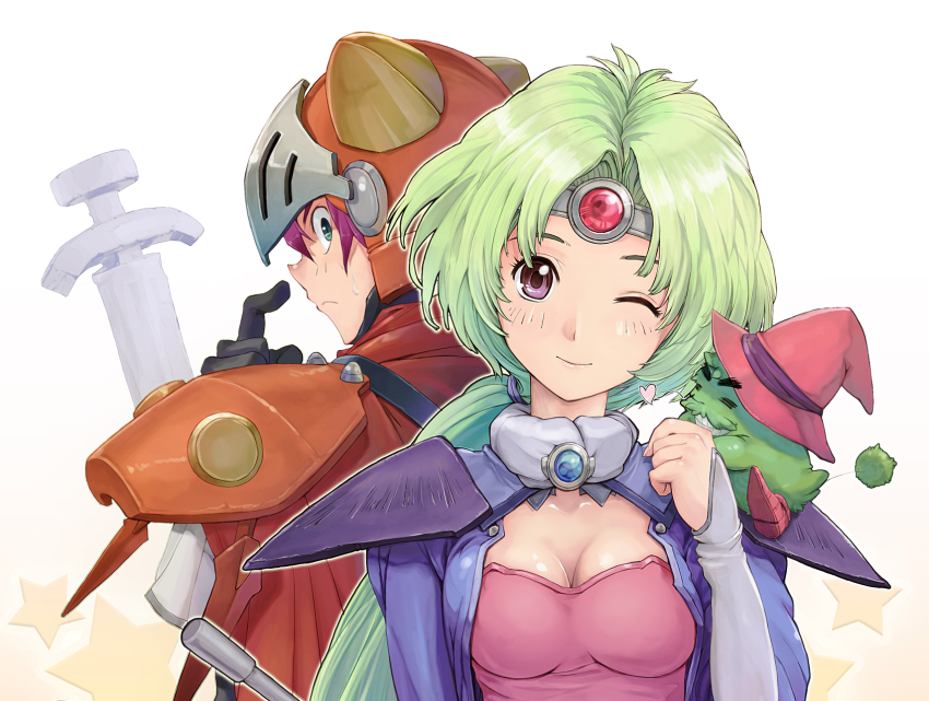 1990s_(style) 1boy 1girl adeu_warsam armor back-to-back breasts brown_eyes circlet cleavage full_armor gloves green_eyes green_hair haou_taikei_ryuu_knight hat head_tilt highres long_hair one_eye_closed paffy_pafuricia ponytail purple_hair retro_artstyle shoulder_pads simple_background smile sweatdrop sword tent_(pabell) very_long_hair weapon wink witch_hat