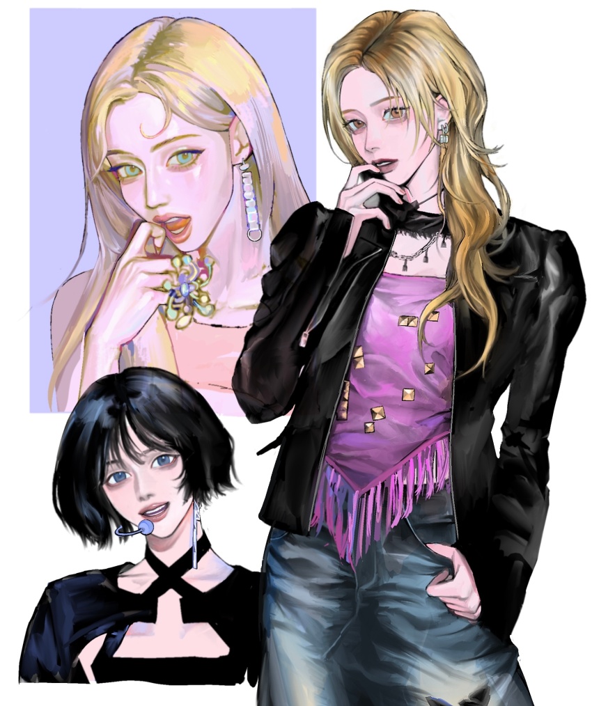 1girl :d aegyo_sal aespa black_choker black_hair black_jacket blonde_hair blue_eyes blue_pants brown_hair chain chain_necklace chinese_commentary choker commentary_request criss-cross_halter denim earrings forehead fringe_trim green_eyes halterneck hand_up head_tilt headset highres huangyou_lanwen_buding jacket jeans jewelry k-pop lips long_hair looking_at_viewer multicolored_hair multiple_earrings multiple_views necklace open_clothes open_jacket open_mouth orange_eyes pants parted_bangs purple_background purple_shirt real_life realistic roots_(hair) shirt short_hair simple_background single_earring sleeve_zipper smile studded teeth tongue two-tone_background white_background winter_(aespa) zipper zipper_pull_tab