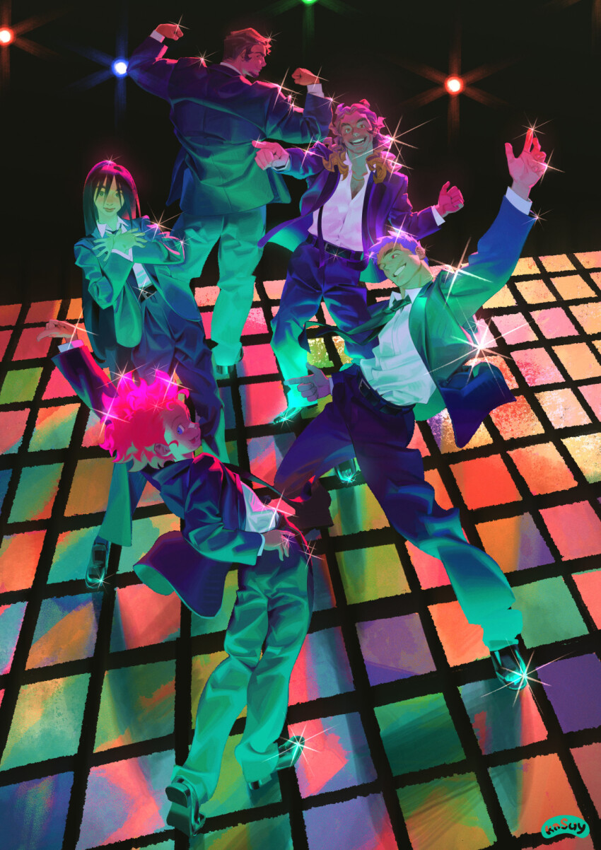 2girls 3boys arm_up belt_buckle black_background black_hair black_necktie black_pants black_suit blonde_hair blue_eyes blue_hair brown_hair buckle closed_mouth collared_shirt crossed_arms dance_floor dancing dress_pants dress_shirt dress_shoes flexing formal_clothes full_body green_eyes hand_up highres jacket long_hair looking_at_viewer looking_back medium_hair mr_kasuy multicolored_jacket multiple_boys multiple_girls necktie open_clothes open_mouth open_shirt original pants pointing pointing_forward red_eyes red_hair shirt shoes smile sparkle suit suit_jacket tongue tongue_out white_shirt
