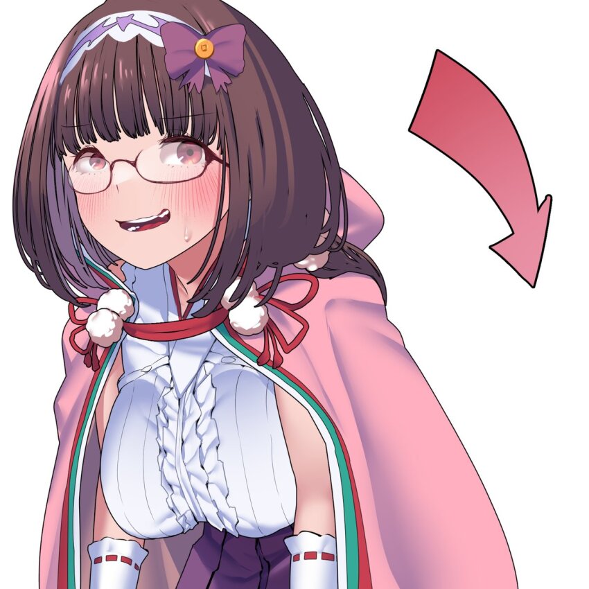 1girl blush breasts brown_hair center_frills cloak detached_sleeves fate/grand_order fate_(series) frills glasses hairband highres hood hooded_cloak large_breasts long_hair looking_at_viewer low_twintails open_mouth osakabehime_(fate) pink_cloak purple_eyes purple_skirt shirt skirt smile solo twintails very_long_hair white_shirt yakuoyoso