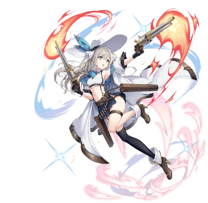 1girl ammunition_belt ankle_boots ascot asymmetrical_legwear bandeau belt black_gloves black_thighhighs blue_eyes boots bow breasts coat cynra dual_wielding fire full_body game_cg garter_straps gloves gun handgun hat hat_bow high_heel_boots high_heels highres holding holding_gun holding_weapon holster huge_weapon large_hat legwear_garter looking_to_the_side miniskirt navel official_art open_mouth parabel_(sennen_sensou_aigis) revolver sennen_sensou_aigis shirt side_slit single_legwear_garter single_thighhigh skirt small_breasts solo sparkle thigh_strap thighhighs transparent_background twintails weapon white_coat white_hair white_hat white_shirt