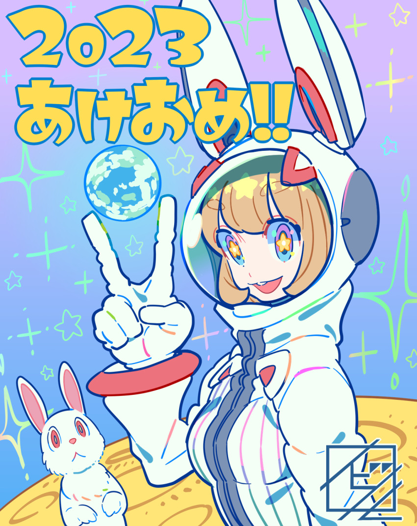 1girl 2023 akeome animal_ears blonde_hair blue_background blue_eyes blunt_bangs breasts buck_teeth character_request check_character commentary commentary_request earth_(planet) english_commentary gradient_background happy_new_year highres medium_breasts mixed-language_commentary moon nengajou new_year nobile1031 open_mouth original planet purple_background rabbit rabbit_ears rabbit_girl red_eyes signature smile space spacesuit sparkle star_(symbol) star_in_eye symbol_in_eye teeth upper_body v