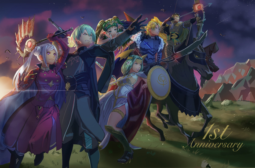 3boys 3girls absurdres alternate_hairstyle anniversary areadbhar_(weapon) arm_up armor axe aymr_(fire_emblem) black_gloves blonde_hair blue_eyes bow braid brown_gloves brown_hair male_byleth_(fire_emblem) cape capnchreest claude_von_riegan dagger dark-skinned_male dark_skin dress edelgard_von_hresvelg failnaught_(weapon) fire_emblem fire_emblem:_three_houses floating flower fur_trim gloves green_eyes green_hair hair_flower hair_ornament hand_up headband heroes_relic_(fire_emblem) highres holding holding_axe holding_bow_(ornament) holding_lance holding_polearm holding_shield holding_sword holding_weapon horse horseback_archery horseback_riding jewelry knife lance long_hair multiple_boys multiple_girls nintendo pointy_ears polearm purple_eyes red_cape red_gloves rhea_(fire_emblem) riding sandals seiros_(fire_emblem) seiros_shield sheath sheathed shield side_ponytail sothis_(fire_emblem) sword sword_of_seiros sword_of_the_creator thighlet tiara weapon white_dress white_hair yellow_cape
