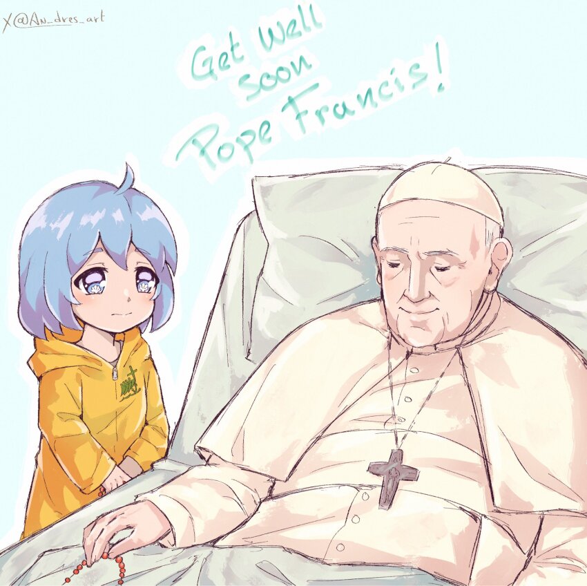 1boy 1girl ahoge an_dres_art bed blue_background blue_eyes blue_hair capelet closed_eyes closed_mouth commentary cross cross_necklace english_commentary english_text hat highres holding_rosary hood hood_down hospital_bed indoors jewelry jubilee_2025 light_blush light_frown long_sleeves looking_at_another luce_(jubilee_2025) medium_hair necklace old old_man pope_francis raincoat real_life robe rosary short_hair simple_background smile split_mouth straight_hair symbol-shaped_pupils twitter_username upper_body white_capelet white_hair white_hat white_robe yellow_raincoat zucchetto