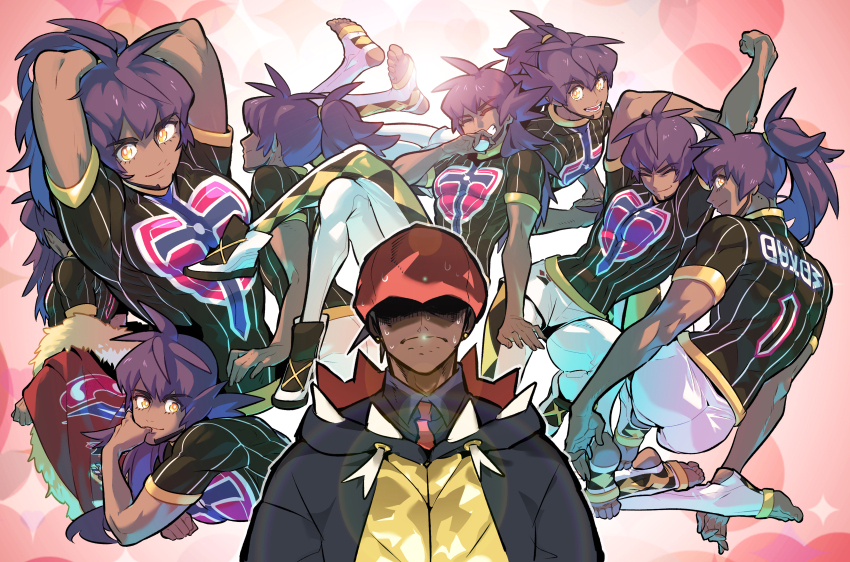 2boys absurdres black_hoodie bright_pupils cape champion_uniform closed_mouth collared_shirt commentary dark-skinned_male dark_skin facial_hair fur-trimmed_cape fur_trim grin headband highres hood hood_down hoodie leggings leon_(pokemon) long_hair male_focus multiple_boys nintendo orange_headband pokemon pokemon_swsh purple_hair raihan_(pokemon) red_cape redlhzz shield_print shirt short_sleeves smile sweat sword_print symbol-only_commentary teeth toes yellow_eyes