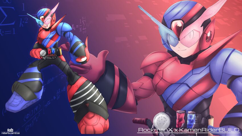 1boy absurdres arm_cannon armor axasempai blue-tinted_eyewear blue_armor build_driver forehead_jewel fullbottle highres kamen_rider kamen_rider_build_(series) male_focus mega_man_(series) mega_man_x_(series) multiple_views rabbit+tank_form rabbit_fullbottle red-tinted_eyewear red_armor tank_fullbottle tinted_eyewear weapon x_(mega_man)