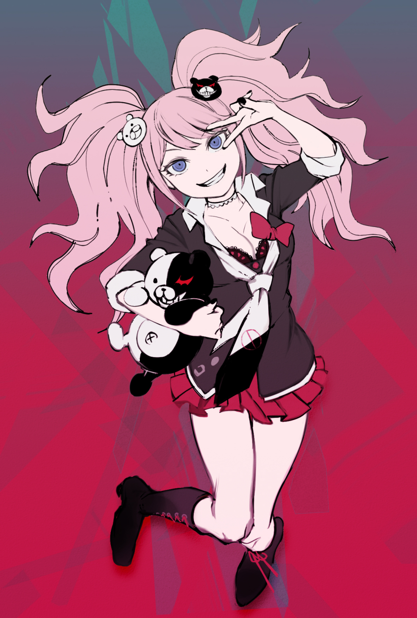 1boy 1girl bear_hair_ornament black_bra black_footwear black_nails black_necktie black_shirt blue_eyes boots bow bra breasts cleavage commentary danganronpa:_trigger_happy_havoc danganronpa_(series) enoshima_junko full_body gradient_background grin hair_ornament head_tilt highres ieiieiiei long_hair looking_at_viewer medium_breasts monokuma multicolored_background nail_polish necktie pink_hair pleated_skirt red_background red_bow red_skirt shirt shirt_bow skirt sleeves_rolled_up smile stuffed_animal stuffed_toy teddy_bear thigh_boots twintails two-tone_necktie underwear v wavy_hair white_necktie