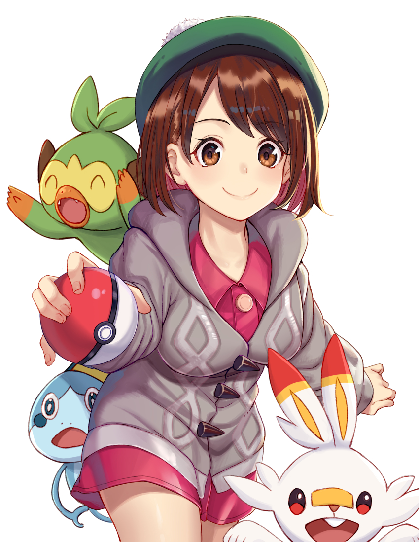 1girl absurdres arl blush breasts brown_eyes brown_hair cardigan commentary_request creatures_(company) dress game_freak gen_8_pokemon gloria_(pokemon) green_headwear grey_cardigan grookey hat highres holding holding_poke_ball jacket large_breasts long_sleeves looking_at_viewer nintendo open_mouth pink_dress poke_ball poke_ball_(basic) pokemon pokemon_(creature) pokemon_swsh scorbunny short_hair simple_background smile sobble starter_pokemon_trio tam_o&#039;_shanter white_background