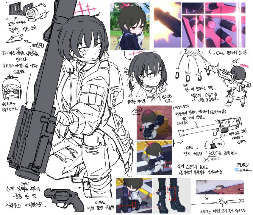 2girls baseball_cap blue_archive boots closed_mouth coat ear_piercing fim-92_stinger flukhan gun halo hat highres holding holding_gun holding_weapon korean_text long_sleeves man-portable_air-defense_system mask mask_around_neck misaki_(blue_archive) missile_launcher multiple_girls multiple_views open_clothes open_coat piercing rocket_launcher saori_(blue_archive) screenshot_inset short_hair simple_background surface-to-air_missile twitter_username weapon white_background