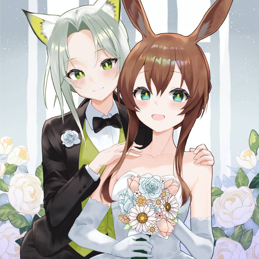 2girls :d absurdres amiya_(arknights) animal_ears arknights black_jacket blazer blue_eyes blue_flower bouquet brown_hair cat_ears cat_girl collared_shirt dr.lamina dress elbow_gloves flower gloves green_eyes green_hair green_shirt hair_between_eyes hands_on_shoulders hands_up happy highres holding holding_bouquet jacket kal&#039;tsit_(arknights) long_hair looking_at_viewer multiple_girls open_clothes open_jacket open_mouth pink_flower rabbit_ears rabbit_girl shirt short_hair smile strapless strapless_dress upper_body wedding_dress white_dress white_flower white_gloves white_shirt yellow_flower