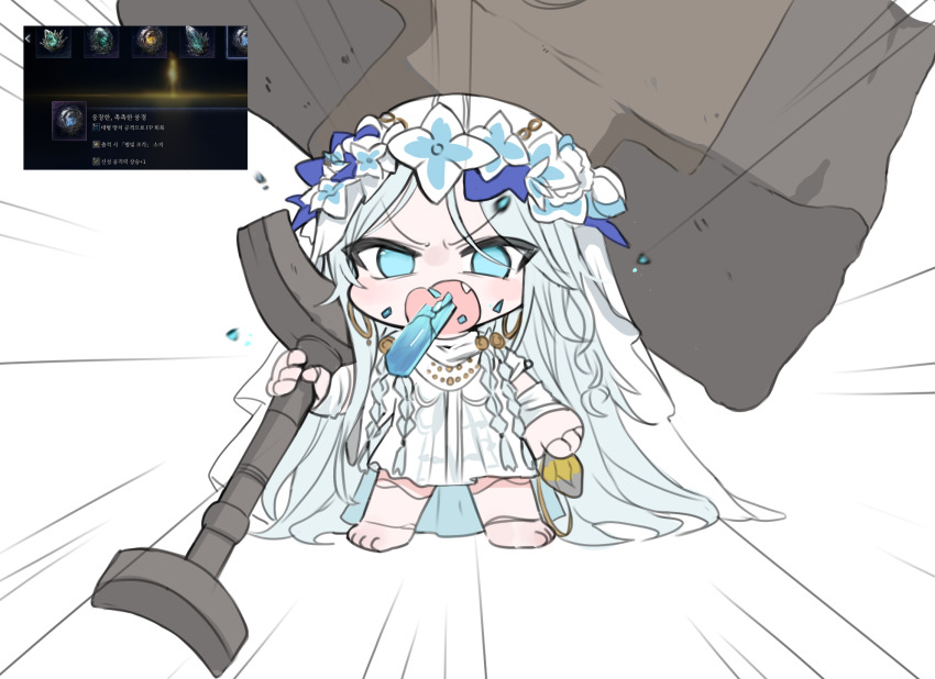 1girl barefoot blue_eyes braid chibi dokomon doll_joints elden_ring elden_ring_nightreign emphasis_lines flower_wreath game_screenshot game_screenshot_inset hammer head_wreath highres holding holding_hammer huge_weapon joints low_twin_braids over_shoulder revenant_(elden_ring) solo twin_braids veil weapon weapon_over_shoulder white_background white_hair white_veil