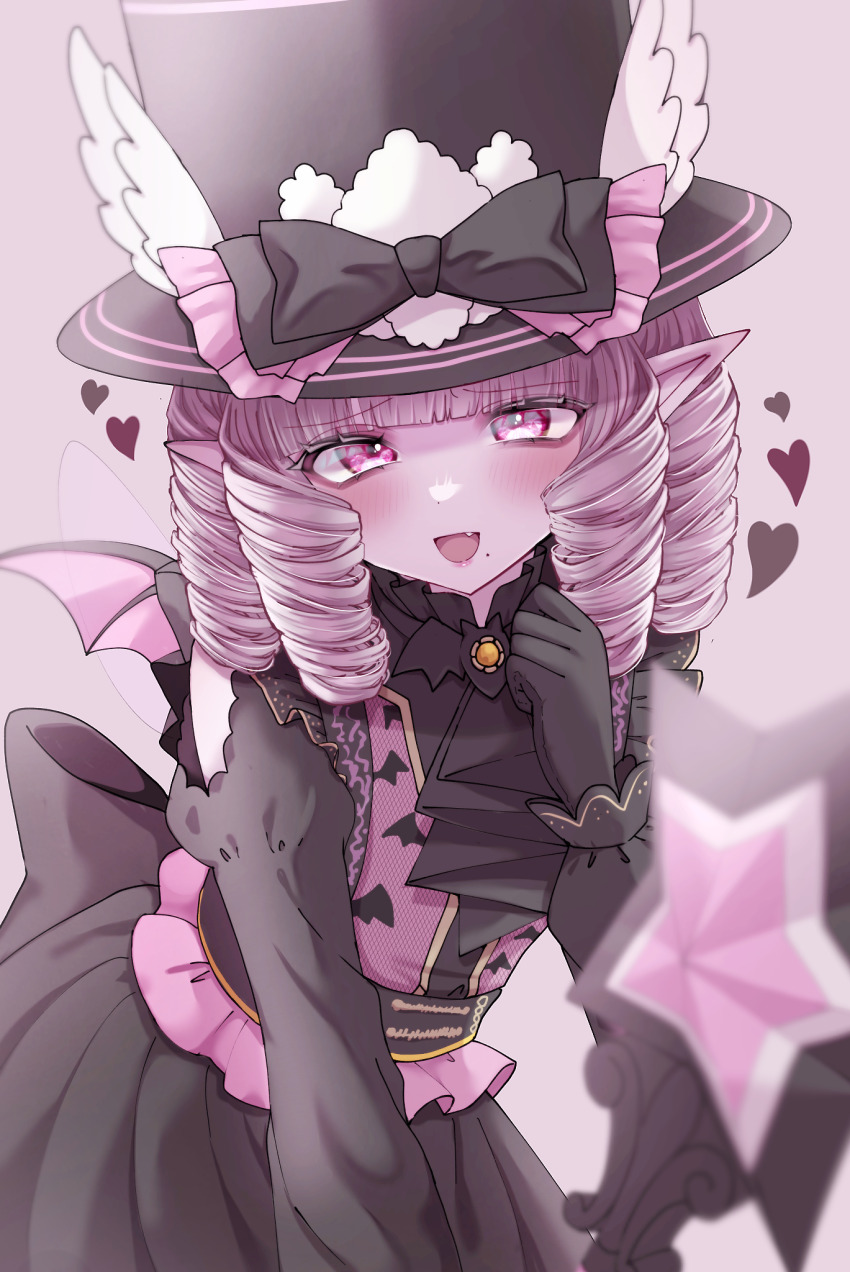 1girl bat_wings black_bow black_gloves black_hat black_skirt blouse blunt_bangs blurry bow colored_skin commentary_request curly_hair depth_of_field dragon_quest dragon_quest_x elf_(dq10) fairy_wings fake_wings fang gloves hat hat_bow heart highres holding holding_wand long_hair looking_at_viewer mole mole_under_mouth nikon_(user_aznh7528) open_mouth pink_background pink_bow pink_eyes pink_hair pink_skin pointy_ears shirt skirt solo top_hat wand winged_hat wings
