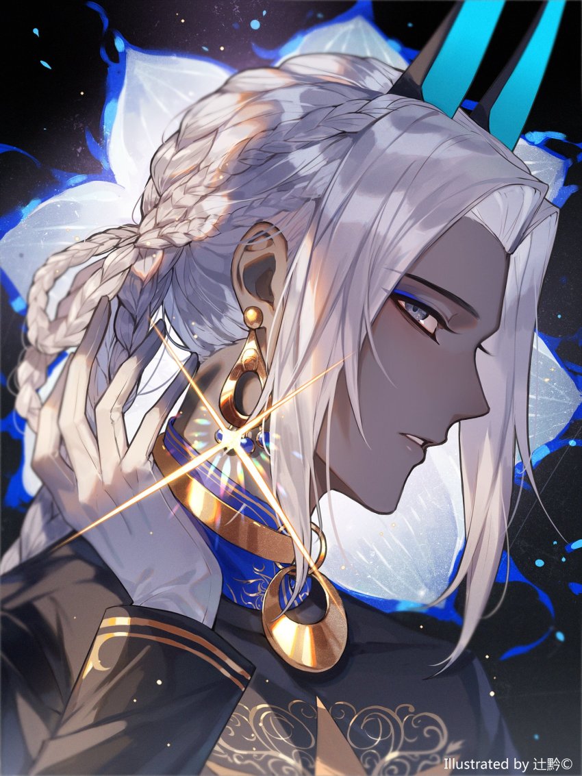 1boy alternate_hairstyle arjuna_(fate) arjuna_alter_(fate) arjuna_alter_(festival_outfit)_(fate) braid dark-skinned_male dark_skin earrings fate/grand_order fate_(series) gloves grey_eyes highres horns indian_clothes jewelry long_hair looking_at_viewer male_focus solo sqloveraven turtleneck white_gloves white_hair