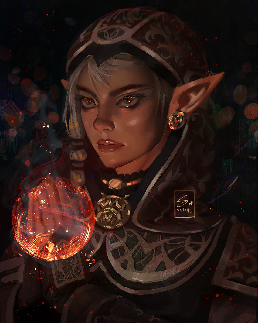 1girl artist_name earrings elf highres jewelry long_hair magic original painterly pointy_ears sebijy single_sidelock solo