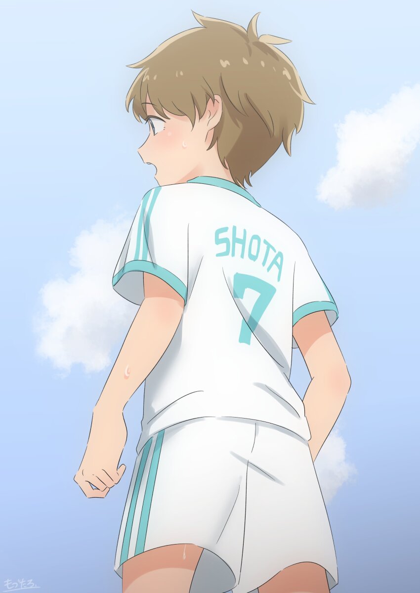 1boy absurdres artist_name bad_id bad_twitter_id blue_sky brown_hair child clothes_writing cloud cloudy_sky commentary cowboy_shot dondoko_mozutaro double_vertical_stripe english_text from_behind from_below highres male_focus numbers&#039;_uniform open_mouth original outdoors shirt shirt_writing shorts sky solo sportswear sweat symbol-only_commentary white_shirt white_shorts