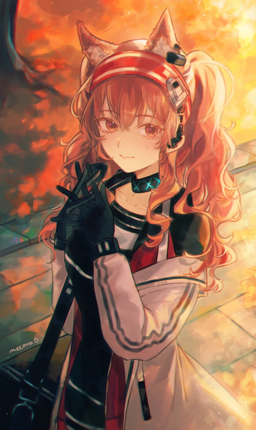 1girl absurdres angelina_(arknights) animal_ear_fluff animal_ears arknights bag black_bag black_collar black_gloves black_shirt breasts brown_hair coat collar collarbone commentary earpiece english_commentary extra_ears fox_ears fox_girl gloves hairband highres infection_monitor_(arknights) jacket long_hair long_sidelocks long_sleeves looking_at_viewer medium_breasts messenger_bag neema_(oneemasan) open_clothes open_coat open_jacket orange_eyes outdoors own_hands_clasped own_hands_together red_hairband red_jacket shell_(company) shirt shoulder_bag sidelocks smile solo striped_clothes striped_hairband sunset tree twintails two-tone_hairband white_coat