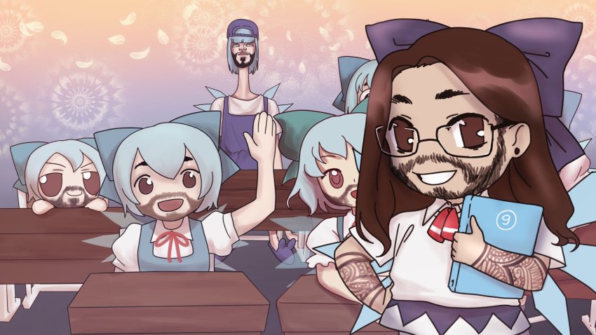 artist_request beard blue_dress blue_hair book cirno cirno_(cosplay) collared_shirt commentary copyright_request cosplay cr1tikal desk dress english_commentary facial_hair fumo_(doll) glasses grin highres holding holding_book ice ice_wings long_neck multiple_boys neck_ribbon open_mouth pinafore_dress puffy_short_sleeves puffy_sleeves real_life red_ribbon ribbon school_desk shirt short_hair short_sleeves sleeveless_dress smile tattoo touhou white_shirt wings