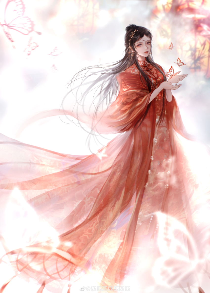 1girl absurdres autumn black_hair bug butterfly character_request chinese_clothes chinese_commentary closed_mouth commentary_request crown earrings expressionless eyelashes eyeshadow facial_mark floating_clothes floating_hair floral_print fog forehead_mark full_body gold_crown gold_earrings grey_eyes hanfu highres insect jewelry jiaopiupiu lipstick long_hair long_sleeves makeup nikki_(series) outdoors outstretched_hand red_butterfly red_eyeshadow red_hanfu red_lips red_robe robe shining_nikki sidelocks solo standing tassel tree very_long_hair wide_sleeves