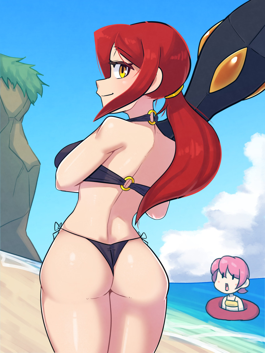 2girls absurdres alternate_hairstyle ass beach bikini black_bikini chibi chibi_inset cliff cowboy_shot from_behind highres innertube krieg_(skullgirls) long_hair looking_at_viewer looking_back low_ponytail mugiotoko multiple_girls o-ring o-ring_top ocean parasoul_(skullgirls) partially_submerged pink_hair ponytail red_hair short_hair siblings side-tie_bikini_bottom sisters skullgirls smile swim_ring swimsuit thighs umbrella_(skullgirls) yellow_eyes