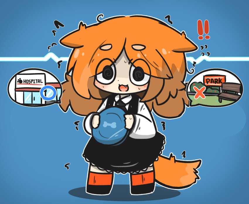 ! !! 1girl @_@ animal_ears ascot bench betrayal black_ascot black_dress black_eyes black_shoes blue_background collared_shirt commentary_request dog_ears dog_girl dog_tail dress flying_sweatdrops frisbee full_body highres holding hospital long_hair long_sleeves orange_hair orange_socks original park park_bench parted_bangs shirt shoes short_eyebrows simple_background sleeveless sleeveless_dress socks solo standing sweat tail thick_eyebrows trembling uni_souchou white_shirt
