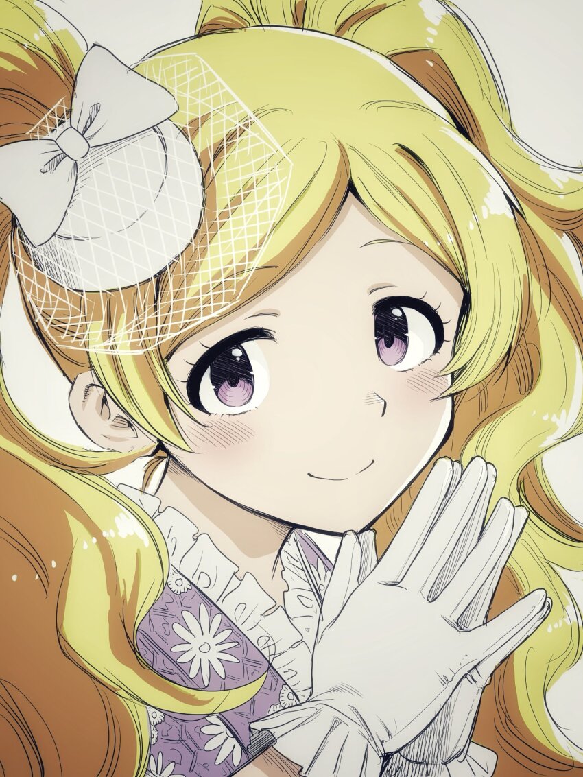 1girl blonde_hair blush closed_mouth emily_stewart eyelashes fishnet_veil floral_print floral_print_kimono fluffy_hair frilled_kimono frills gloves grey_background hat hat_ribbon highres idolmaster idolmaster_million_live! idolmaster_million_live!_theater_days japanese_clothes kimono light_smile long_hair looking_at_viewer matcha_kingyo palms_together parted_bangs print_kimono purple_eyes purple_kimono ribbon sidelocks simple_background solo tilted_headwear twintails upper_body very_long_hair wavy_hair white_gloves white_hat