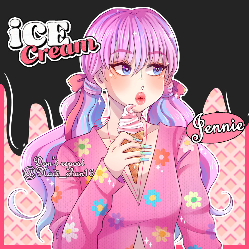 1girl artist_name_(singer) blackpink blue_eyes blue_nails blunt_bangs eating fingernails floral_print food highres ice_cream jennie_(blackpink) k-pop long_fingernails looking_to_the_side nadi-chan16 pink_hair pink_shirt real_life shirt solo song_name upper_body