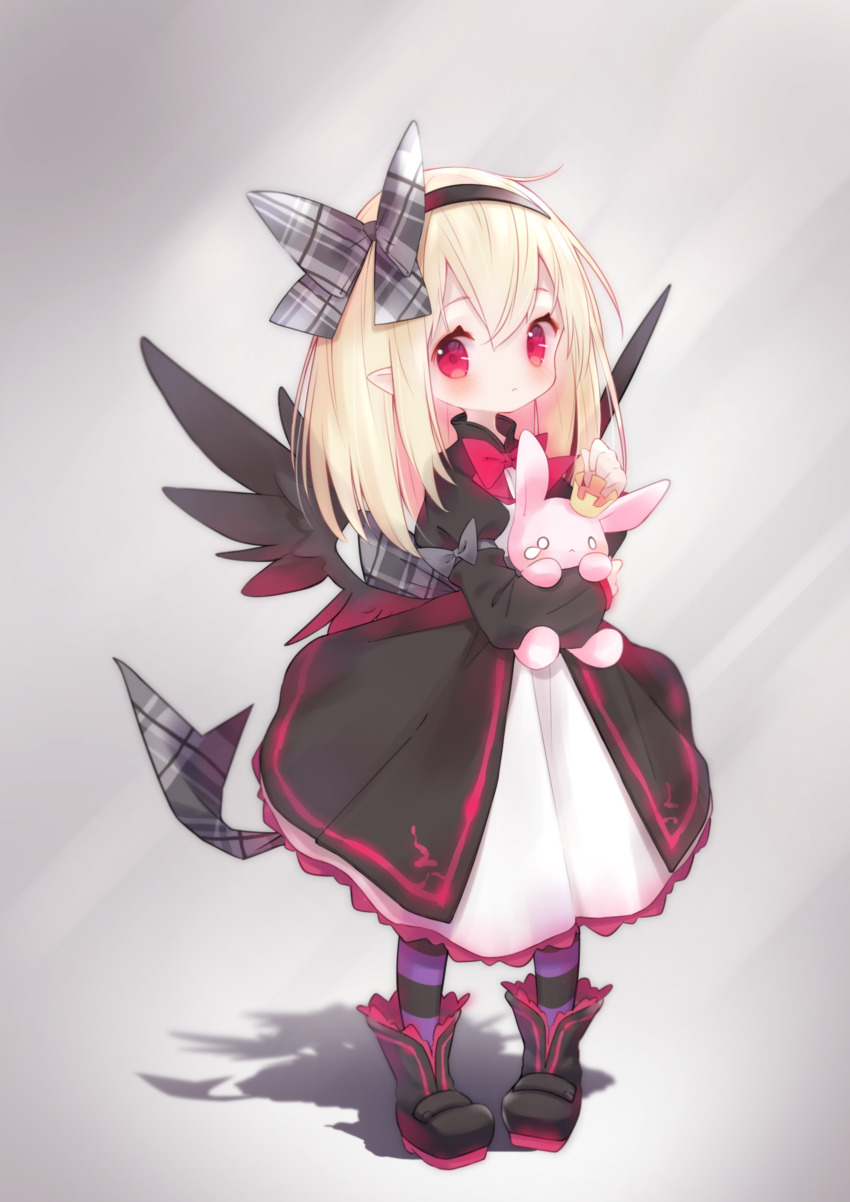 1girl absurdres black_boots black_dress black_ribbon black_wings blonde_hair boots dark_feather_alma dress emil_chronicle_online hair_ribbon hairband highres holding holding_stuffed_toy long_hair pointy_ears red_eyes ribbon solanophenico striped_clothes striped_thighhighs stuffed_toy thighhighs wings