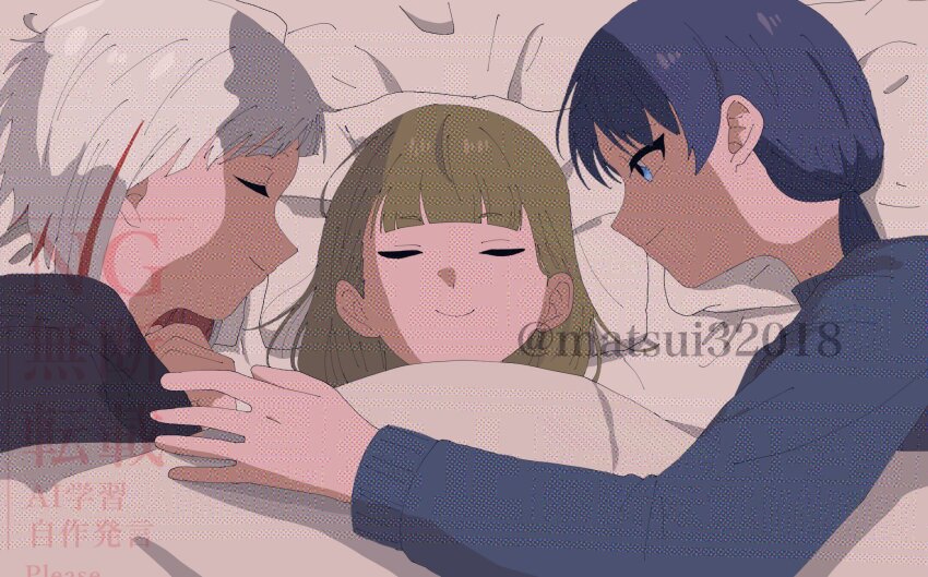 3girls black_jacket blue_eyes blue_hair blue_ribbon blue_sweater bob_cut brown_hair center-flap_bangs closed_mouth colored_inner_hair diagonal_bangs dollchestra grey_hair hair_ribbon highres inverted_bob jacket kachimachi_kosuzu link!_like!_love_live! long_hair long_sleeves looking_at_another love_live! low_twintails matsui_ibuki mole mole_on_neck multicolored_hair multiple_girls murano_sayaka murano_sayaka_(summer_loungewear) profile red_hair ribbon short_hair sleeping sleeping_together smile straight_hair streaked_hair sweater twintails twitter_username virtual_youtuber watermark yugiri_tsuzuri yugiri_tsuzuri_(summer_loungewear)