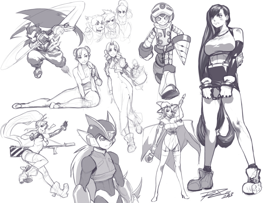 1other 4boys 6+girls aerith_gainsborough ahoge anti-materiel_rifle bad_id bad_tumblr_id basket beck_(mighty_no._9) bikini bikini_top_only boots braid brave_fencer_musashiden breasts capcom celine_jules chun-li collage crossover cuffs drill final_fantasy final_fantasy_vii gun handcuffs hat highres huge_ahoge large_breasts long_hair low-tied_long_hair mega_man_(series) mega_man_zero_(series) mighty_no._9 miniskirt miyamoto_musashi monochrome multiple_boys multiple_girls ninja ninja_(final_fantasy) pencil_skirt ponytail popoi_(seiken_densetsu_2) primm_(seiken_densetsu_2) purple_theme randi_(seiken_densetsu_2) reverse_grip rifle robaato seiken_densetsu seiken_densetsu_2 short_hair shorts signature simple_background sitting skirt sniper_rifle star_ocean star_ocean_the_second_story street_fighter suspender_skirt suspenders swimsuit tengen_toppa_gurren_lagann tifa_lockhart towel towel_around_neck underboob very_long_hair weapon white_background witch_hat yoko_littner yokozuwari zero(z)_(mega_man) zero_(mega_man)