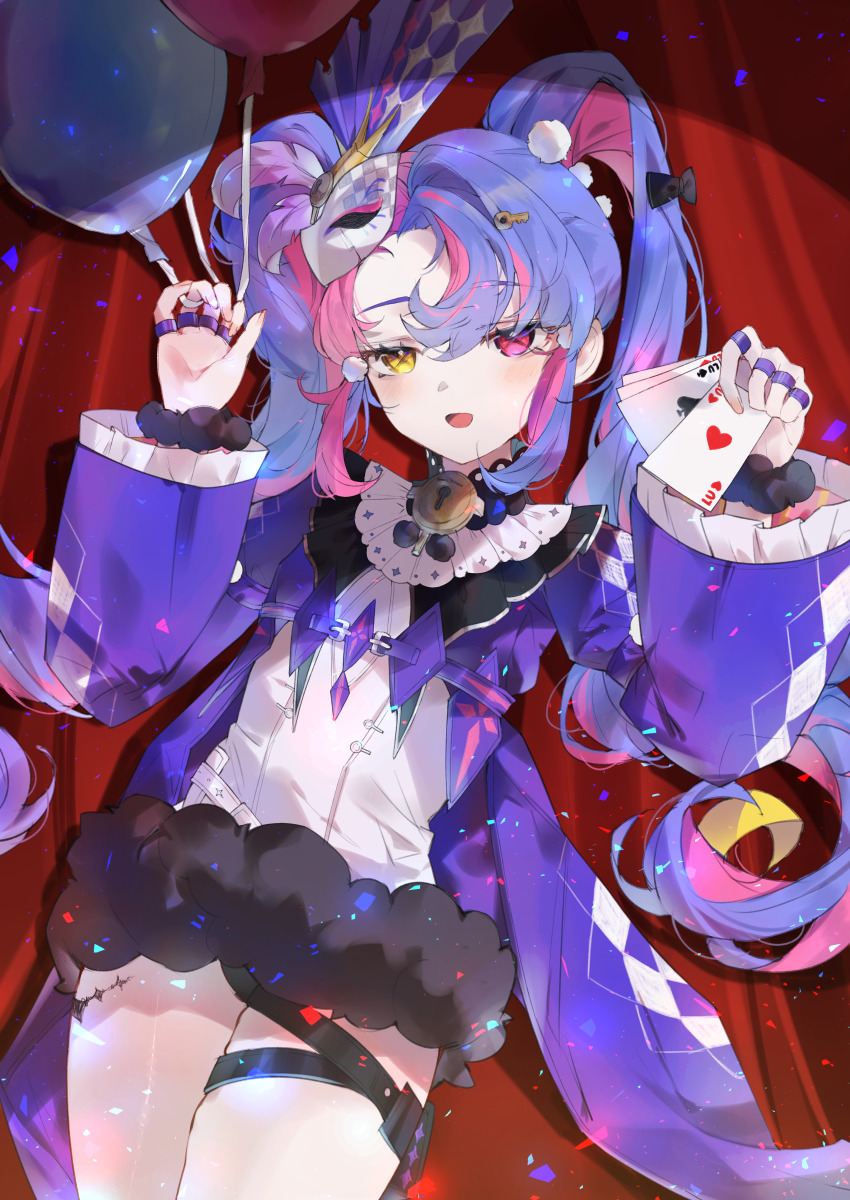 1girl absurdres balloon black_collar card coat collar commentary curtains dress english_commentary eye_mask fur-trimmed_dress fur_trim heterochromia highres holding holding_card jewelry key_hair_ornament long_hair looking_at_viewer mask mask_on_head multicolored_hair multiple_rings open_mouth pink_eyes pink_hair playing_card purple_coat purple_hair ring roccia_(wuthering_waves) shigureszku smile solo symbol-shaped_pupils tacet_mark_(wuthering_waves) twintails two-tone_hair white_dress wuthering_waves x-shaped_pupils yellow_eyes