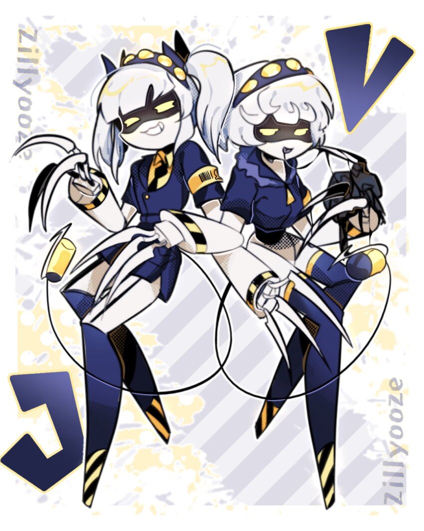 2girls armband claws coat colored_skin female_focus glitch_productions grey_skin grin highres j_(murder_drones) mecha_girl multiple_girls murder_drones open_mouth robot_girl shiny_skin short_hair skirt smile thighhighs twintails v_(murder_drones) weapons yellow_armband yellow_eyes zillyooze