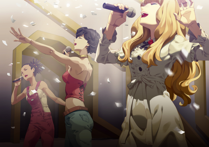 3girls angela_carpenter blonde_hair breasts brown_hair carole_&amp;_tuesday carole_stanley cheese_kang confetti crop_top denim dress closed_eyes hand_up highres holding holding_microphone indoors jeans long_hair medium_breasts microphone midriff multiple_girls music overalls pants short_hair singing sleeveless standing tuesday_simmons white_dress