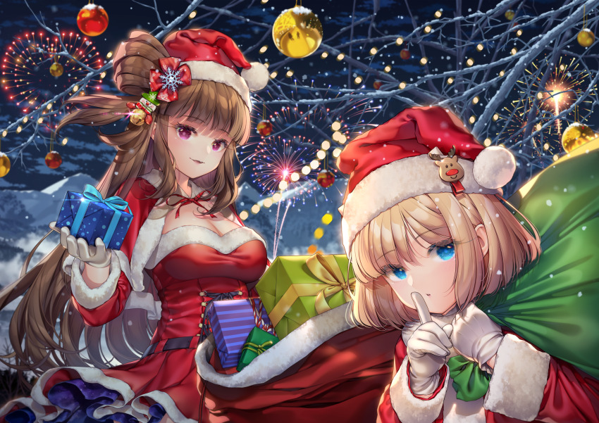 2girls absurdres agrt bag bell blonde_hair blue_eyes breasts brown_dust_(series) brown_dust_2 brown_hair christmas christmas_lights christmas_ornaments cleavage cloud dress fang feet_out_of_frame finger_to_mouth fireworks frilled_dress frills gift gloves hair_bun hat helena_(brown_dust) highres holding holding_bag holding_gift jingle_bell justia_(brown_dust) large_breasts long_hair mountainous_horizon multiple_girls night night_sky purple_eyes reindeer_hair_ornament santa_capelet santa_costume santa_dress santa_hat short_hair shushing single_side_bun sky snow_on_tree tree upper_body very_long_hair winter