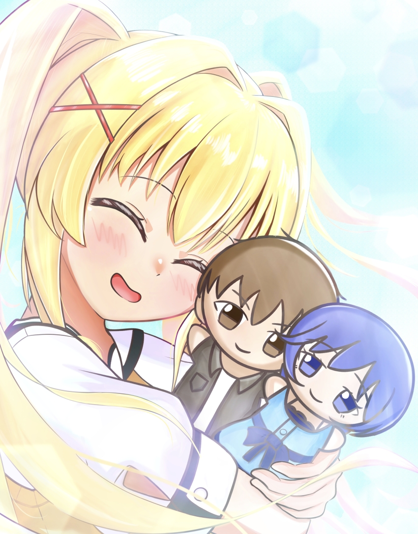 1girl ^_^ absurdres blonde_hair bloom blue_hair blush brown_hair character_doll closed_eyes commentary_request day doll drawing_kaityo from_side hair_between_eyes hair_intakes hair_ornament happy highres holding holding_doll long_hair mizuori_shizuku open_mouth outdoors puffy_short_sleeves puffy_sleeves school_uniform shirt short_hair short_sleeves sidelocks smile solo summer_pockets summer_pockets_school_uniform sweater_vest takahara_hairi tsumugi_wenders twintails upper_body white_shirt x_hair_ornament yellow_sweater_vest