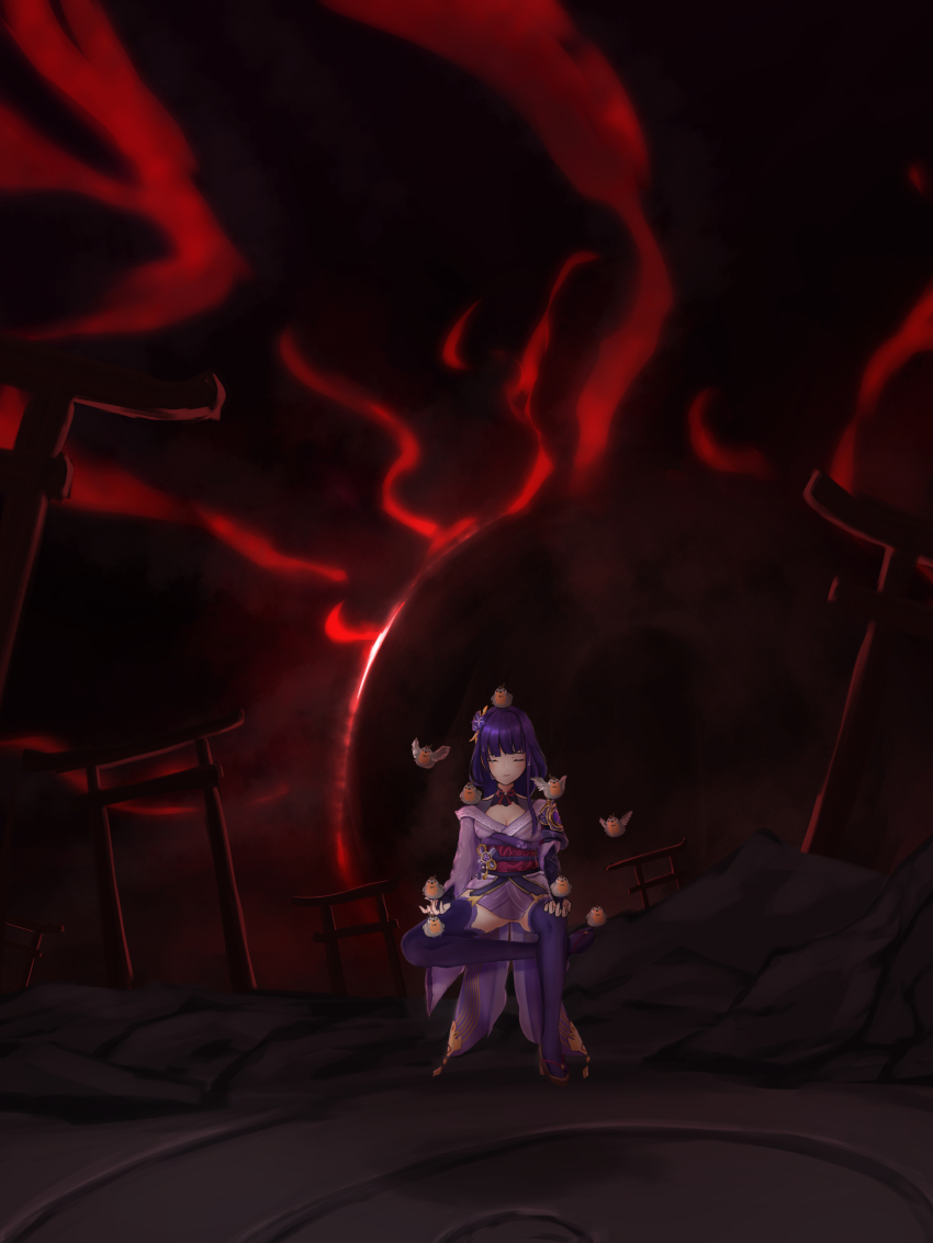 1girl absurdres animal animal_on_head animal_on_shoulder architecture armor bird bird_on_hand bird_on_head bird_on_lap bird_on_leg bird_on_shoulder blunt_bangs braid breasts bridal_gauntlets cleavage closed_eyes closed_mouth clothing_cutout commentary_request east_asian_architecture fan_hair_ornament floating flower flower_ornament genshin_impact hair_ornament half_lotus_position highres japanese_clothes kansyou_pix kimono large_breasts long_braid long_hair meditation moon neck_ribbon nervous_sweating off_shoulder on_head purple_flower purple_kimono purple_thighhighs raiden_shogun red_background red_moon red_ribbon red_sash red_sky ribbon sash shade shadow shoulder_armor shoulder_cutout single_braid sky solo sweat thighhighs thighs too_many too_many_birds