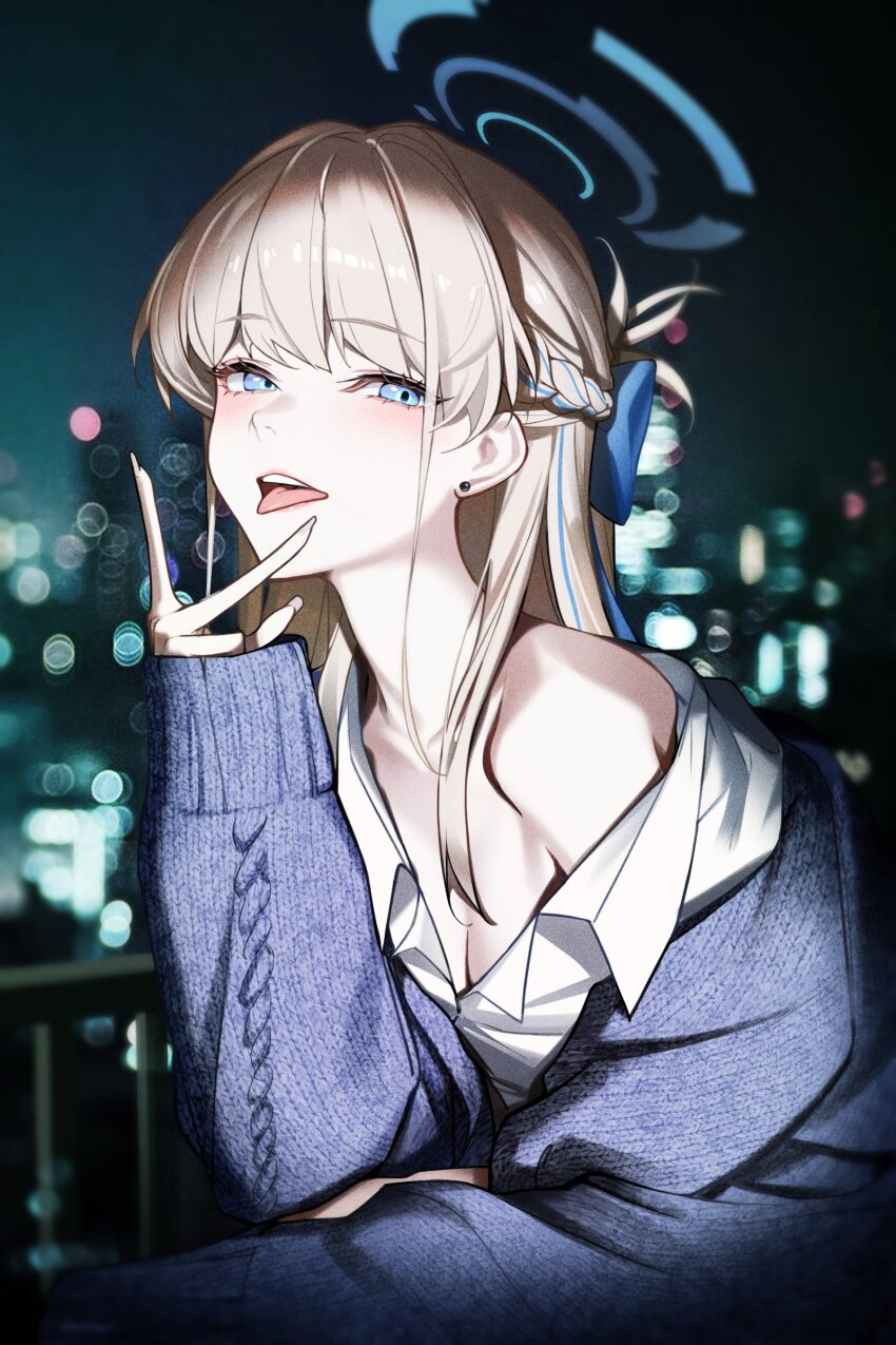 1girl absurdres blonde_hair blue_archive blue_bow blue_eyes blue_halo blurry bokeh bow braid breasts city_lights cleavage commentary_request depth_of_field dong_(art_woodong) earrings hair_bow hair_intakes half_up_braid halo highres jewelry long_hair looking_at_viewer night night_sky shirt single_bare_shoulder single_off_shoulder sky solo stud_earrings toki_(blue_archive) toki_(school_uniform)_(blue_archive) tongue tongue_out v white_shirt