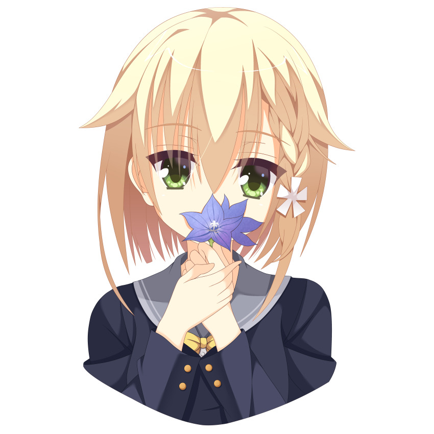 1girl absurdres black_jacket blonde_hair blue_flower bow braid commentary_request covered_mouth cropped_torso eyes_visible_through_hair flower green_eyes grey_sailor_collar hair_between_eyes hair_ornament hands_up highres holding holding_flower jacket kaon_zz kariya_wakana long_sleeves looking_at_viewer medium_hair own_hands_together sailor_collar sanoba_witch school_uniform serafuku simple_background single_braid solo upper_body white_background yellow_bow