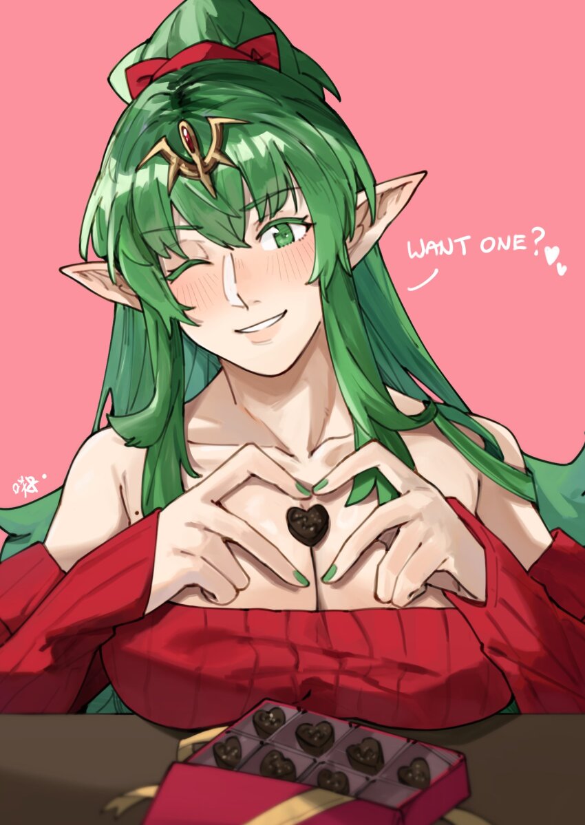 1girl four-finger_heart_hands alternate_costume bare_shoulders blush box box_of_chocolates breasts candy chocolate chocolate_heart chocolate_on_body chocolate_on_breasts cleavage collarbone fire_emblem fire_emblem_awakening food food_on_body green_eyes green_hair hair_ribbon heart heart-shaped_food heart_hands highres large_breasts long_hair looking_at_viewer nintendo one_eye_closed pink_background pointy_ears red_ribbon red_sweater ribbed_sweater ribbon sakuremi smile solo sweater tiara tiki_(adult)_(fire_emblem) tiki_(fire_emblem) valentine very_long_hair