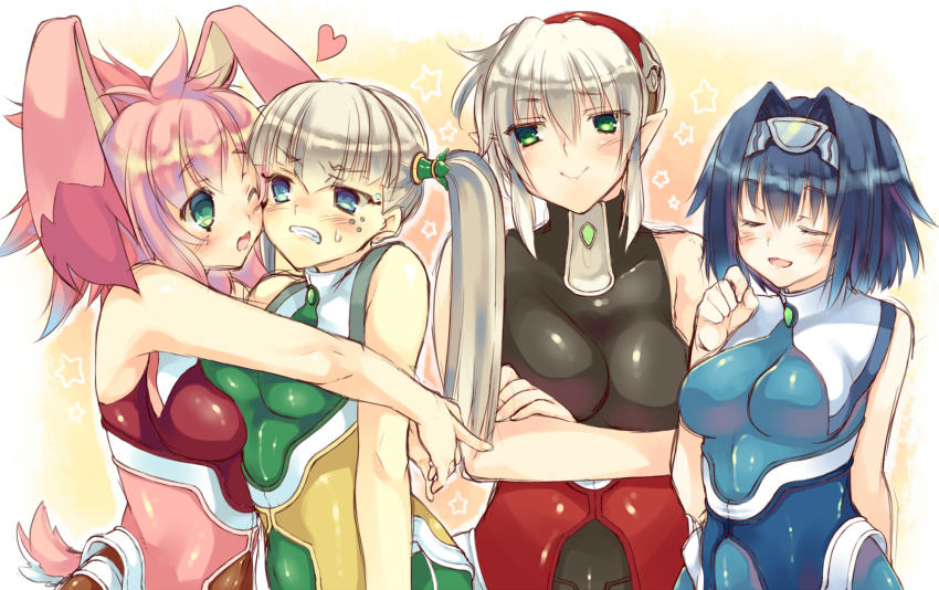 4girls :d ;d alternate_skin_color animal_ears asymmetrical_docking bare_arms bare_shoulders black_bodysuit blue_bodysuit blue_eyes blue_hair blush bodysuit breast_press breasts clenched_teeth closed_eyes closed_mouth covered_navel crossed_arms cyborg dominia_yizkor eyebrows eyelashes eyes_visible_through_hair facing_another facing_viewer fingernails floppy_ears frown gem green_bodysuit green_eyes grey_hairband hair_between_eyes hair_intakes hairband heart highres hime_gyo hug kelvena_(xenogears) lips long_hair looking_at_another medium_breasts multiple_girls one_eye_closed open_mouth outline pink_lips pointy_ears rabbit_ears rabbit_tail red_bodysuit red_hairband screw seraphita_(xenogears) shiny_clothes short_hair sleeveless small_breasts smile star_(symbol) sweat tail teeth tolone_(xenogears) tongue turtleneck twintails upper_body white_background white_hair white_outline xenogears