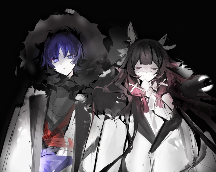 1boy 1girl alternate_costume baiyuqing434 black_background black_fur blindfold blue_hair blunt_bangs brown_hair closed_eyes closed_mouth coat columbina_(genshin_impact) couple eyeliner fatui_coat friends fur_trim genshin_impact grey_coat hair_between_eyes hair_ribbon head_tilt headpiece highres hood hood_up japanese_clothes long_sleeves looking_at_viewer makeup multicolored_hair official_alternate_costume open_clothes open_coat pale_skin red_eyeliner ribbon scaramouche_(genshin_impact) shade short_hair sidelocks standing streaked_hair upper_body wavy_hair white_ribbon winter_clothes winter_coat