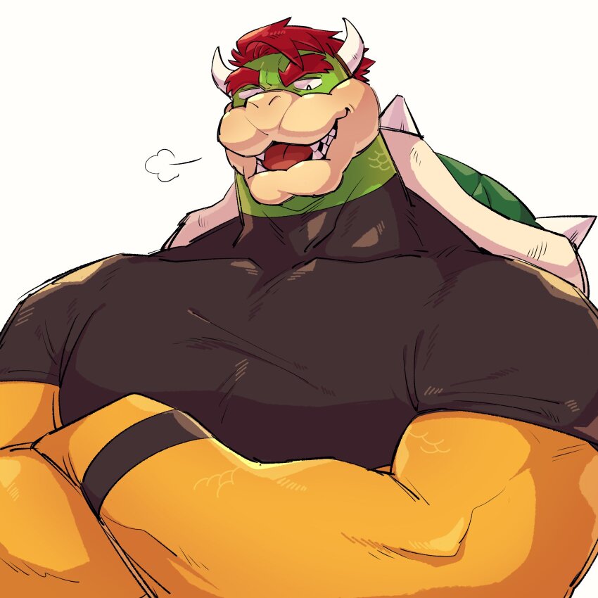 1boy bara biceps black_shirt bowser covered_collarbone covered_pectorals crossed_arms fangs furry furry_male highres horns looking_at_viewer male_focus mario_(series) muscular muscular_male nintendo open_mouth pectorals puff_of_air red_hair shirt smile spiked_shell white_background wristband yowasabimechaoc