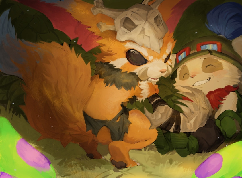 2boys black_eyes brown_pants closed_eyes fur fur_collar ghostgrass gloves gnar_(league_of_legends) goggles goggles_on_headwear grass green_footwear green_gloves green_headwear grin hair_ornament highres league_of_legends loincloth looking_at_viewer looking_back multiple_boys mushroom pants skull_hair_ornament smile squatting tail teemo teeth yordle