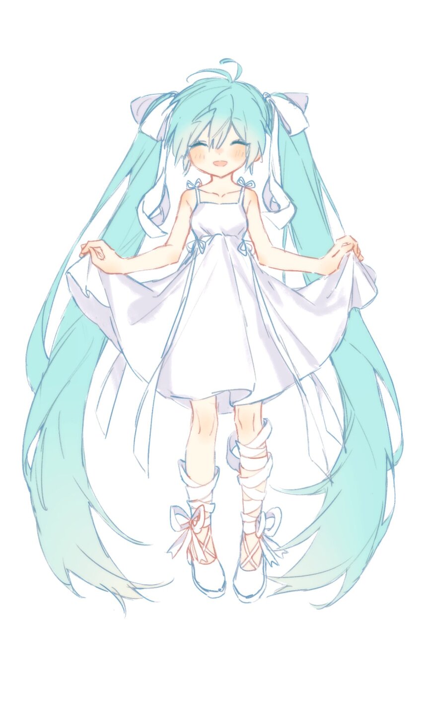 1girl :d ^_^ absurdly_long_hair antenna_hair aqua_hair bare_arms bare_shoulders blush bow breasts chinese_commentary closed_eyes collarbone commentary_request double-parted_bangs dress facing_viewer footwear_ribbon full_body hair_between_eyes hair_bow hatsune_miku highres long_hair makucrp medium_dress open_mouth ribbon ribbon-trimmed_dress ribbon_trim shoes simple_background skirt_hold sleeveless sleeveless_dress small_breasts smile solo spaghetti_strap standing straight-on twintails very_long_hair vocaloid white_background white_bow white_dress white_ribbon white_shoes