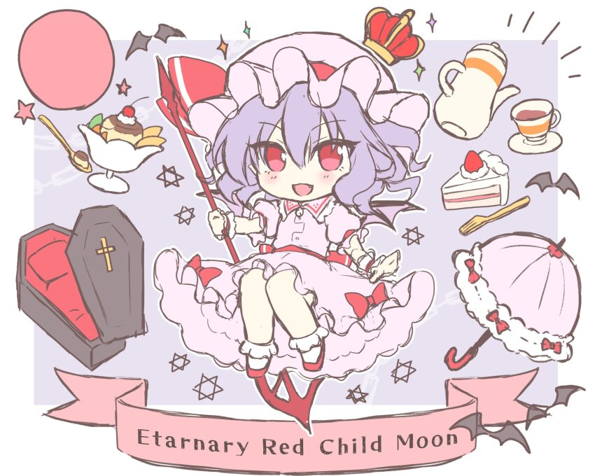 1girl bat_(animal) bat_wings beni_kurage blue_hair blush bow cake chibi coffin collared_shirt crown cup english_text fang food fork frills fruit full_body hair_between_eyes hat hexagram highres looking_at_viewer mary_janes mob_cap open_mouth pink_shirt pink_skirt pudding puffy_short_sleeves puffy_sleeves red_bow red_eyes red_ribbon red_shoes remilia_scarlet ribbon shirt shoes short_hair short_sleeves simple_background sitting skirt skirt_set smile solo spear_the_gungnir star_of_david strawberry tea teacup touhou umbrella wings wrist_cuffs