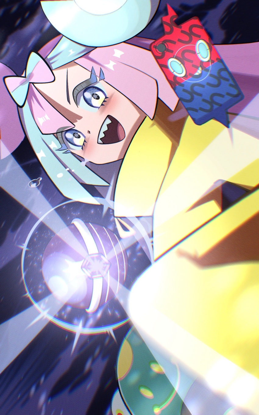 bellibolt gen_4_pokemon highres inana_umi iono_(pokemon) multicolored_hair nintendo pokemon pokemon_sv rotom rotom_phone sharp_teeth solo teeth tera_orb