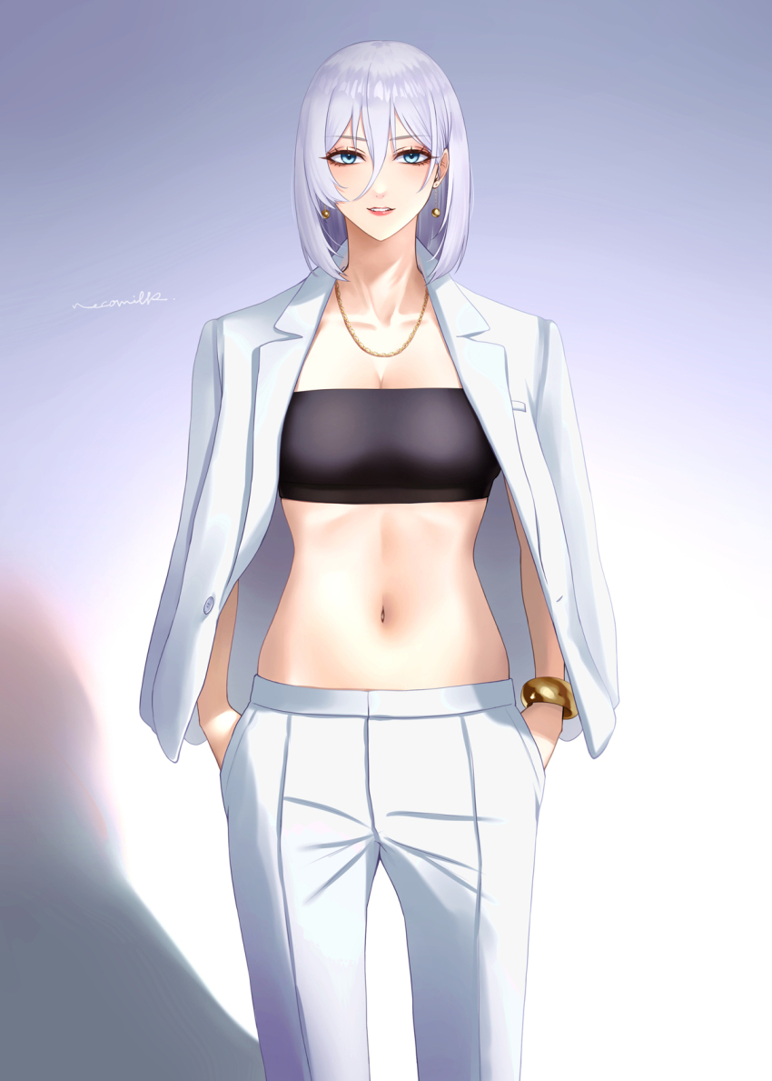 1girl alternate_costume azur_lane bandeau bangle black_bandeau black_tube_top blue_eyes bracelet breasts cleavage cowboy_shot double-parted_bangs earrings formal_clothes hands_in_pockets highres jewelry looking_at_viewer medium_breasts midriff navel necklace necomilk open_clothes pants pink_lips shadow short_hair signature simple_background solo strapless suit tirpitz_(azur_lane) tube_top white_hair white_pants white_suit