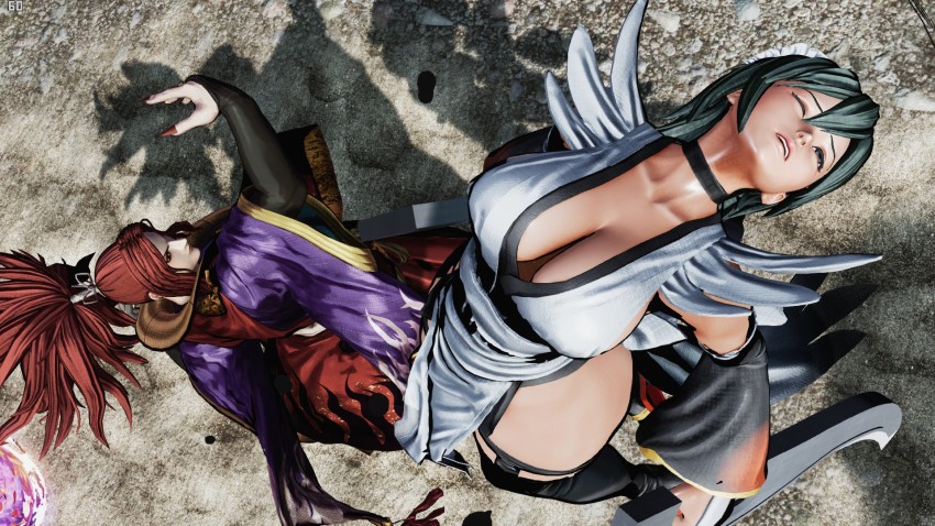 3d apron ass black_hair black_leotard breasts butterfly_swords defeat falling fighting highleg highleg_leotard highres holding holding_weapon huge_ass iroha_(samurai_spirits) large_breasts leotard lips maid maid_headdress moaning nature ponytail ryona samurai_spirits screencap shiny_skin short_hair skindentation solo thighhighs third-party_edit thong_leotard violence weapon wide_hips