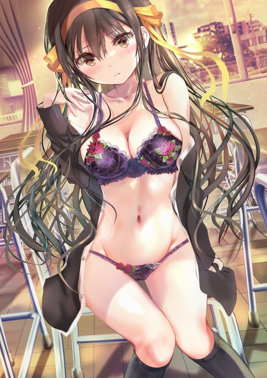 1girl absurdres blush bra breasts brown_eyes brown_hair brown_jacket classroom cleavage commentary_request curtains desk dot_nose floating_hair floral_print frilled_bra frills groin hairband hand_on_own_shoulder highres jacket kouyouen_academy_school_uniform lace lace_bra lace_panties long_hair looking_at_viewer medium_breasts navel off-shoulder_jacket off_shoulder official_alternate_costume official_alternate_hair_length official_alternate_hairstyle ogata_tei on_desk panties print_bra print_panties purple_bra purple_panties school school_desk school_uniform shirt sitting on_desk socks solo stomach suzumiya_haruhi suzumiya_haruhi_no_shoushitsu suzumiya_haruhi_no_yuuutsu thighs unbuttoned unbuttoned_shirt underwear very_long_hair white_shirt winter_uniform yellow_hairband